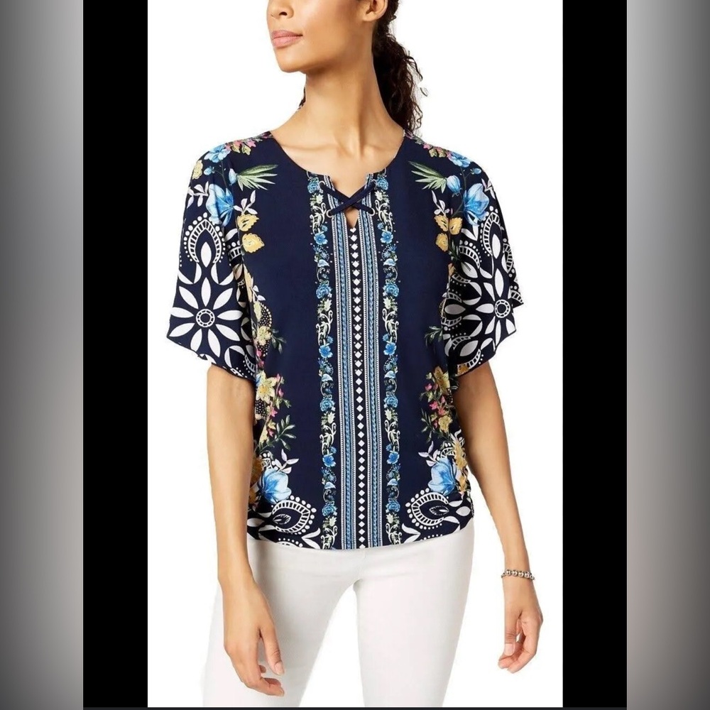 Jm Collection Navy Mixed Print Flutter Short Slee… - image 1